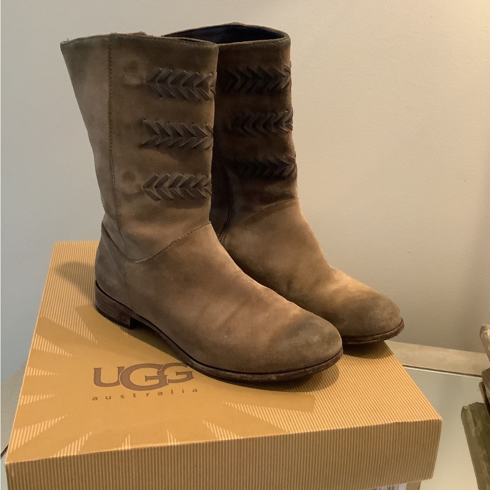UGG Cailyn Tan Leather Chevron Suede Mid Calf Boot Women’s 7 Style 3182